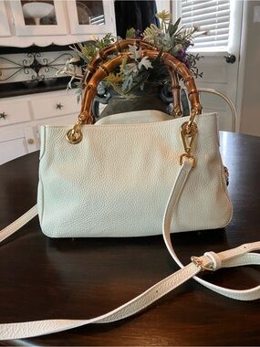 Uno Alla Volta White Leather Bag With Bamboo Handles